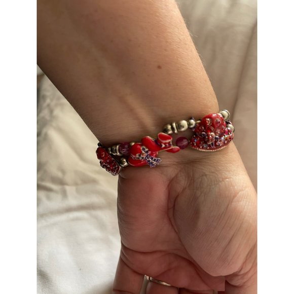 Vintage Silver Tone/Red/Purple Enamel Rhinestone Hat Charm/Bead Stretch Bracelet - Picture 1 of 12